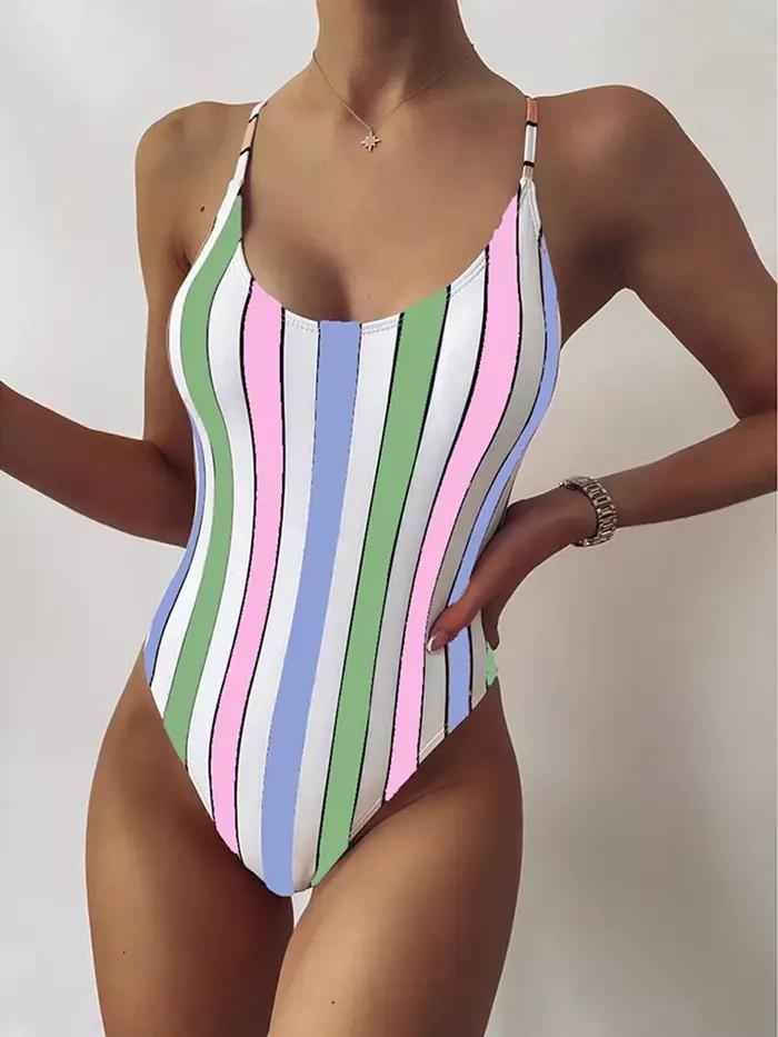 Maillot de Bain Une Pièce ZerZerOne Rayé Pour Femme Occasions Plage NageSexy Col Suspendu Polyester