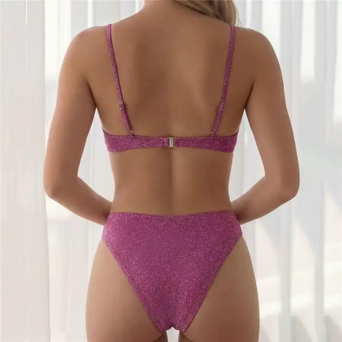 Maillot de bain bikini violet brillant à perles push up sexy pour femme coupe haute micro bikini brésilien 2026