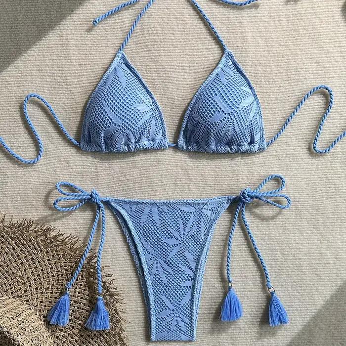 Ensemble bikini tressé couleur unie pour femme