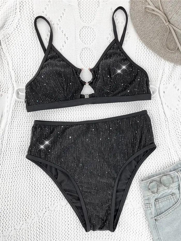 Maillot de bain féminin Veinkueeni à découpes scintillantes, bikini taille haute, ensemble deux pièces pour femmes style de plage occasions spéciales