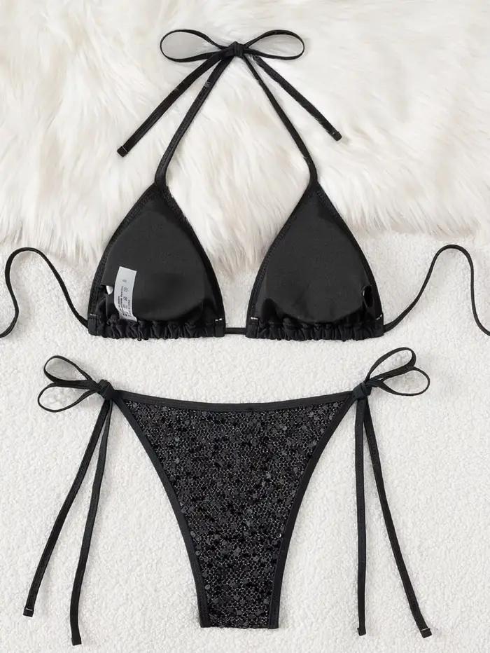 Noir Paillettes Brillantes Bikini Ensemble Femmes Push Up Soutien-gorge Triangle Maillot de Bain Plage Occasions Spéciales