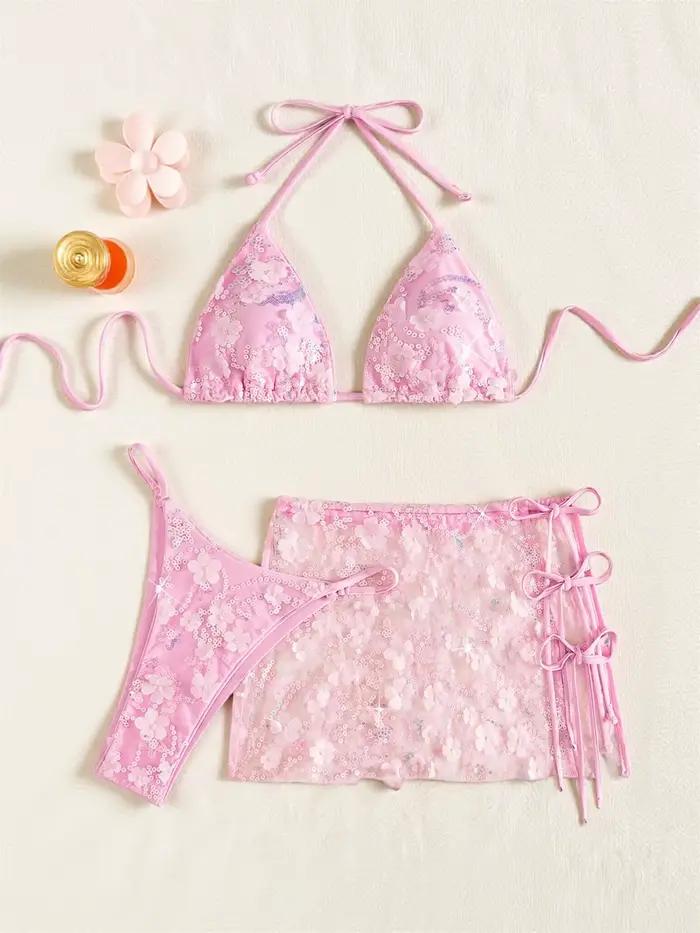 Ensemble de maillot de bain 3 pièces rose pailleté brillant avec soutien-gorge push-up et string