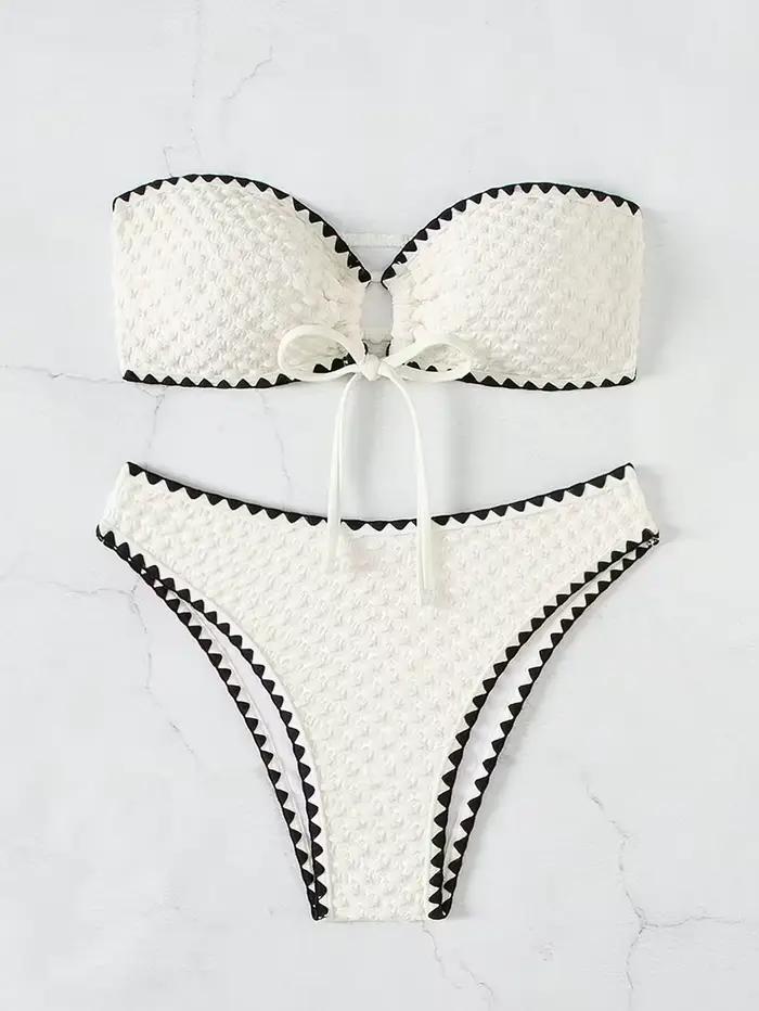 Maillots de bain blanc 2 pièces maillot de bain sans bretelles pour femmes Sexy Bandeau dos nu Bikini ensemble à lacets Patchwork maillot de bain 2025 nouveau
