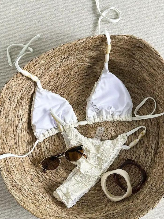 Bikini string sexy 2026 pour femme, blanc, en dentelle ajourée, avec soutien-gorge push-up, micro maillot de bain d'été, tenue de plage pour les vacances