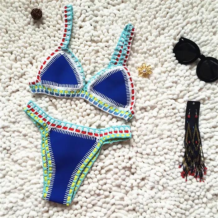 Bikini Crochet 2026 Fait Main Tricoté Patchwork Réversible 2 Pièces Maillot de Bain Femme Halter Top Brésilien String