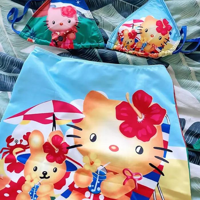 Maillot de bain Hello Kitty Kawaii Y2K pour filles ensemble bikini sexy pour femme tenue de plage hawaïenne années 2000 junior femmes coton polyester sanrio