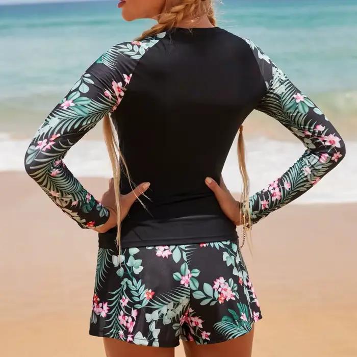 Maillot de bain deux pièces Tankini femme manches longues fleurs imprimées polyester élasthanne ajustement parfait pour surf piscine et plage