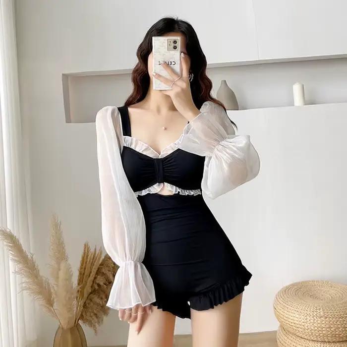 Robe de bain une pièce élégante noire transparente avec manches longues et volants pour femmes pour plage vacances et fêtes à la piscine