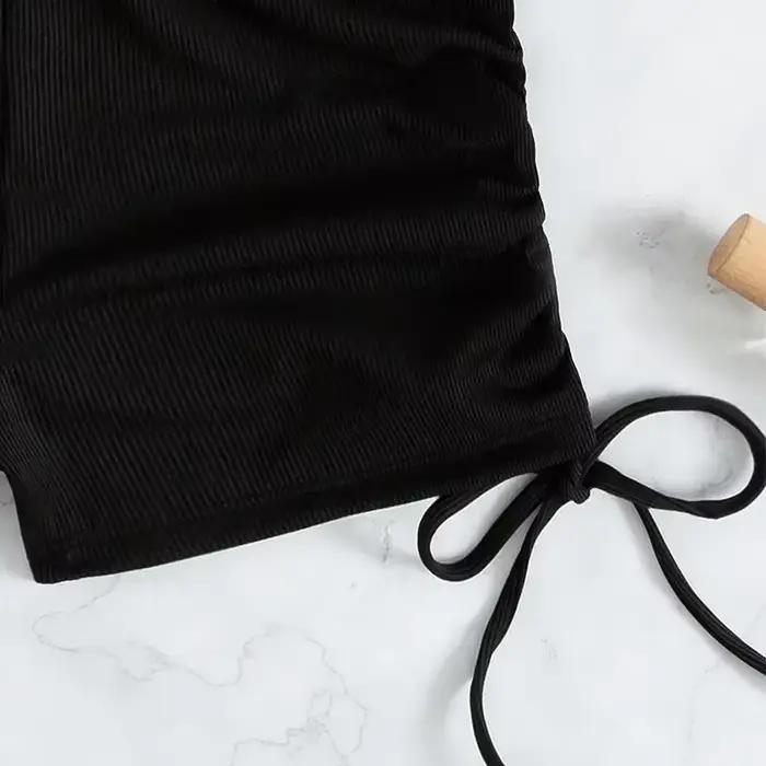 Ensemble de maillots de bain noir pour femmes avec haut court et short, côtelés, taille haute, amovible padding, pour plage et soirées estivales