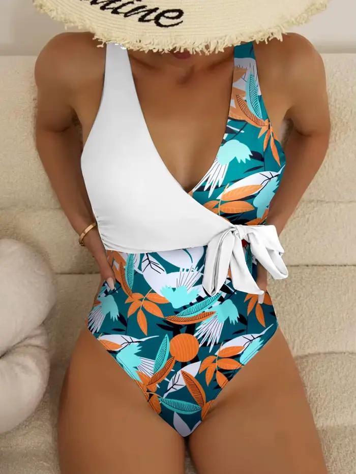 Maillot de bain une pièce imprimé tropical 2026 avec nœud latéral et ceinture