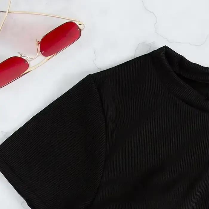 Ensemble de maillots de bain noir pour femmes avec haut court et short, côtelés, taille haute, amovible padding, pour plage et soirées estivales