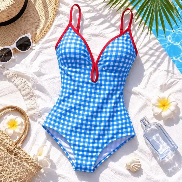 Maillot de bain une pièce polyester carreaux col en V pour femmes plage été ocassions spéciales