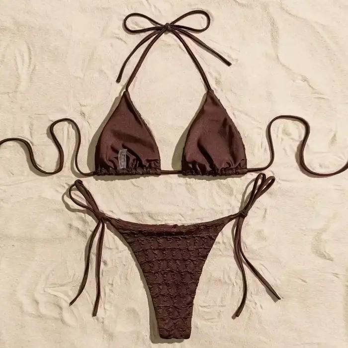 Solide marron String licou Triangle Micro Bikini