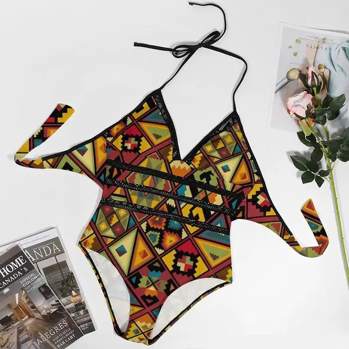 Maillot de bain imprimé tribal africain sexy multicolore pour femmes v-neck summer swimwear occassionnels de plage parties spa