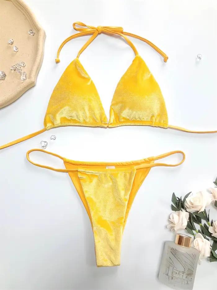 Bikini vintage velours pour femme, ensemble 2 pièces avec lacets, maillot de bain dos nu à col licou, pour plage, mariage et vacances