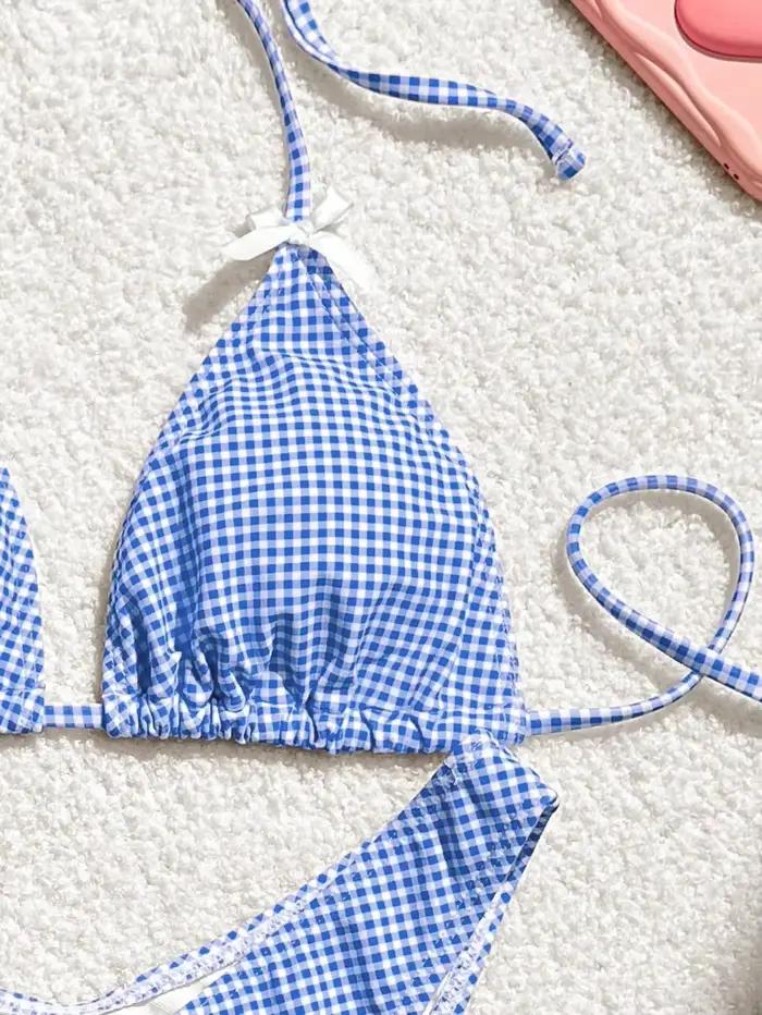 Maillot de bain deux pièces imprimé à carreaux bleus pour femmes, sexy, bretelles avec nœud, dos nu, ensemble Bikini taille haute, string, plage, mariage, vacances, fête à la piscine, spa et sources chaudes, sports nautiques, quotidien comme mode, croisière