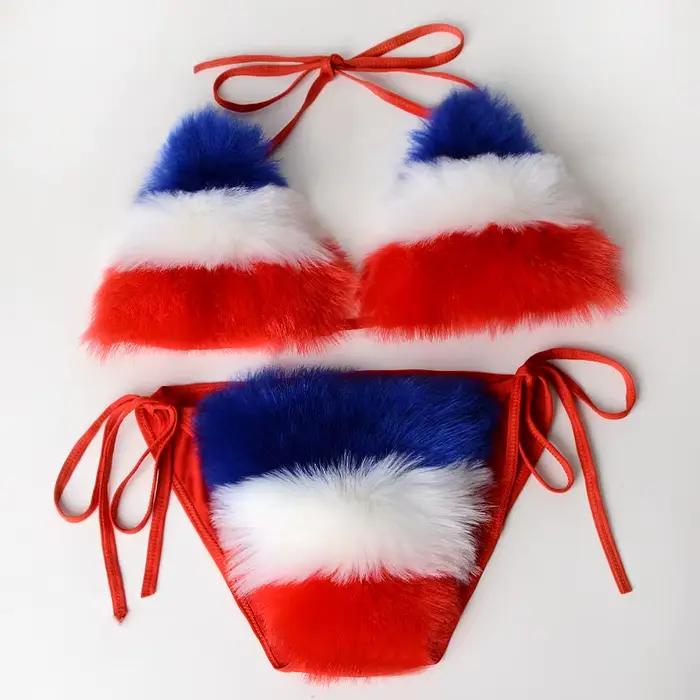 Arc-en-ciel rayé femmes en peluche fourrure Bikinis ensemble maillot de bain sport fausse