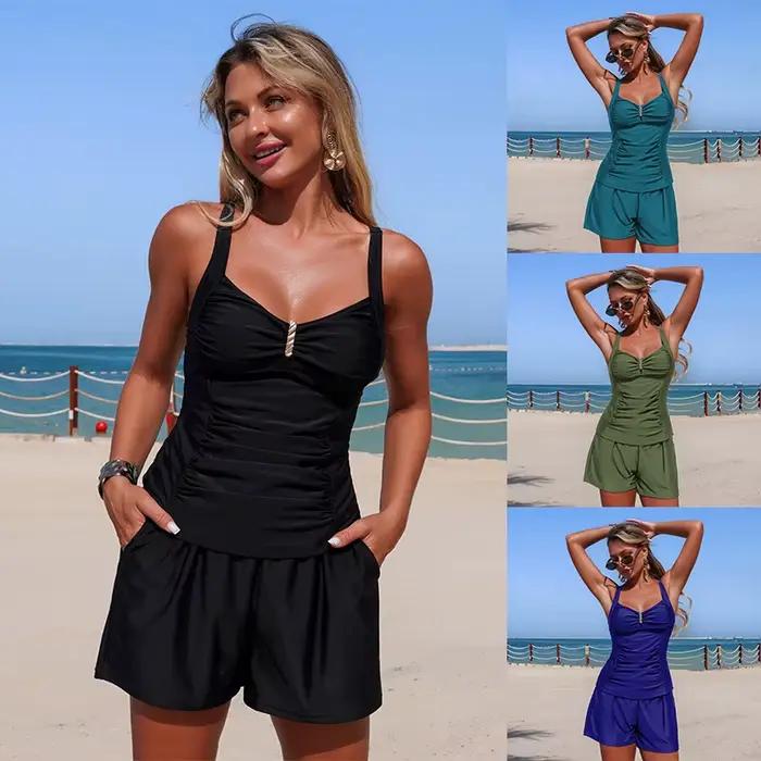 Maillot de bain tankini halter pour femmes effet ventre plat col en V avec shorty de bain à poches couleur unie plage vacances spa croisière