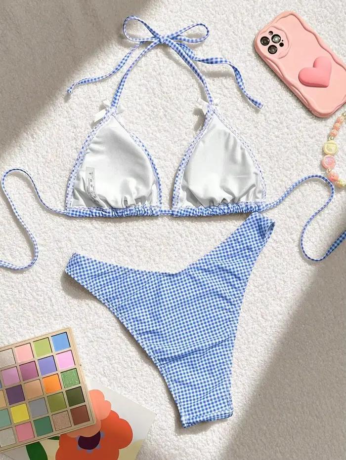 Maillot de bain deux pièces imprimé à carreaux bleus pour femmes, sexy, bretelles avec nœud, dos nu, ensemble Bikini taille haute, string, plage, mariage, vacances, fête à la piscine, spa et sources chaudes, sports nautiques, quotidien comme mode, croisière