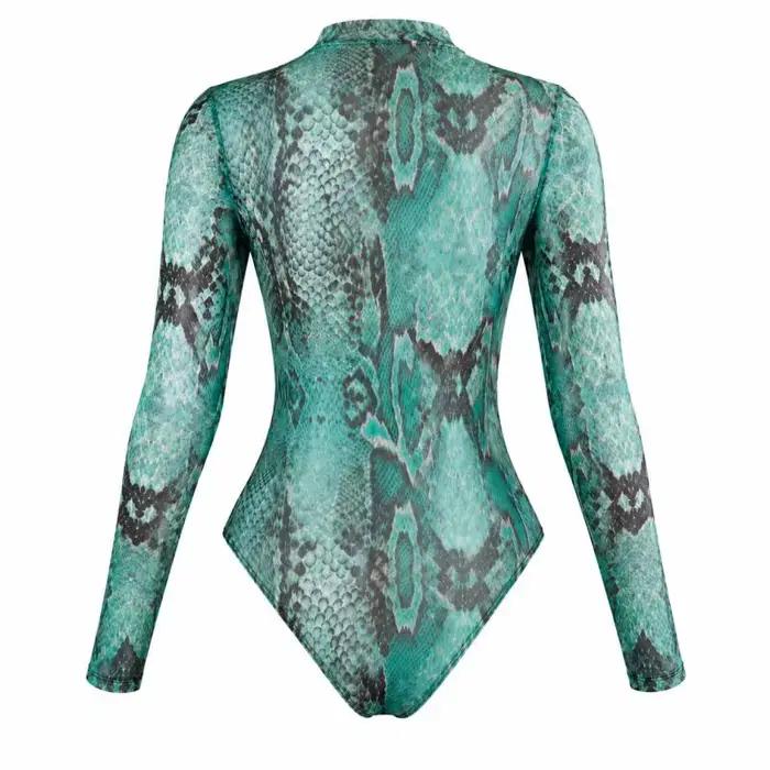 Maillot de bain une pièce à manches longues imprimé serpent turquoise