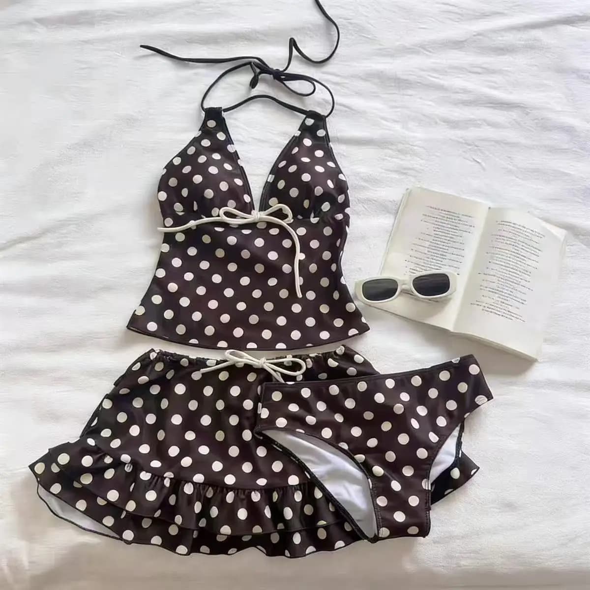 Maillots de bain tankini style plage pour femme, ensemble 2 pièces, haut cache-cœur à col en V et br
