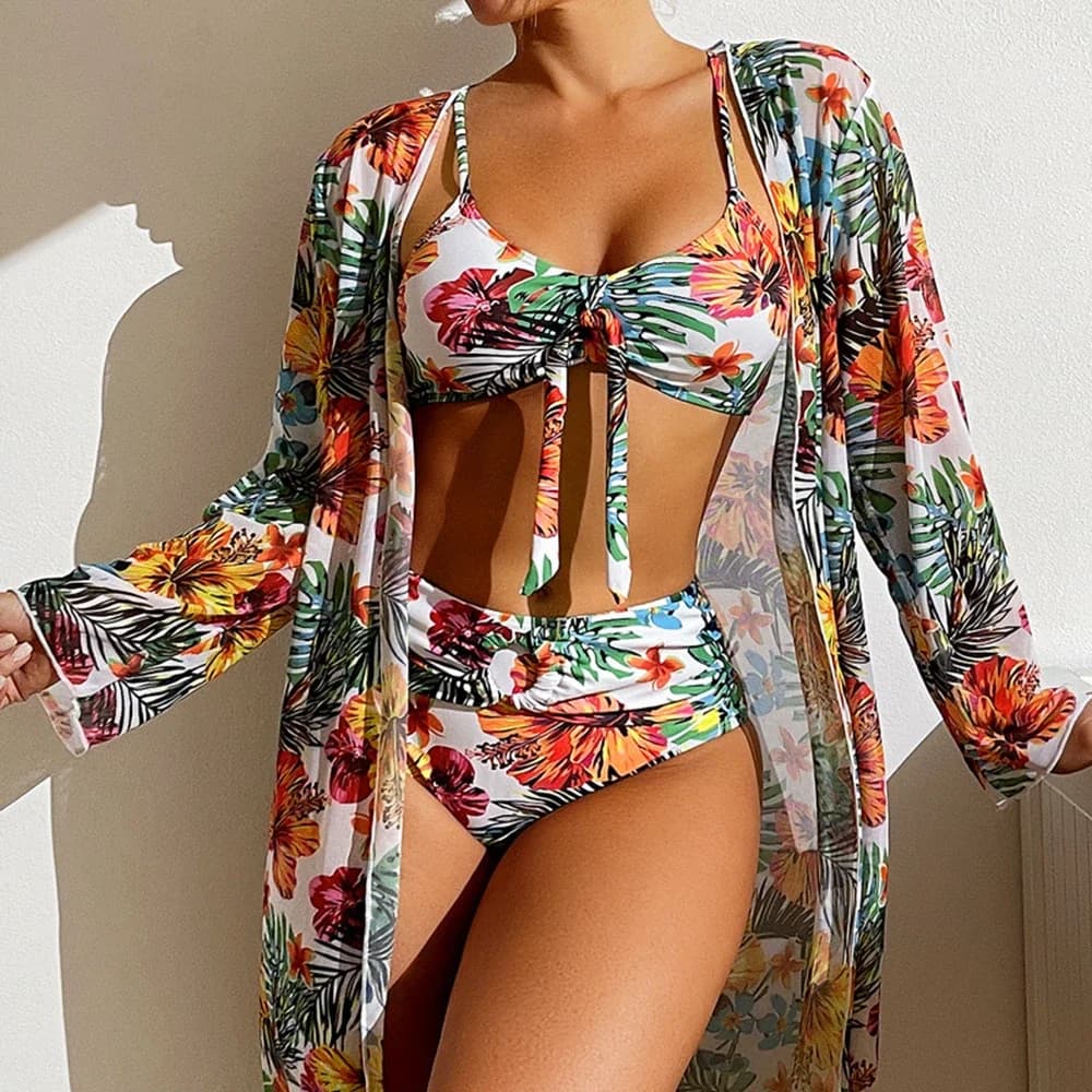 Maillot de bain 3 pièces imprimé Floral, Sexy, taille haute, ensemble deux pièces pour femmes, avec 