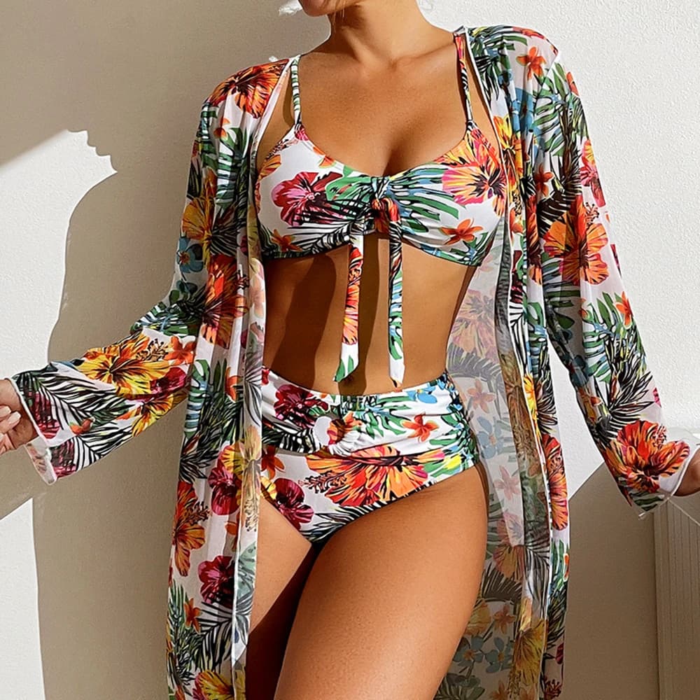 Maillot de bain 3 pièces imprimé Floral, Sexy, taille haute, ensemble deux pièces pour femmes, avec 
