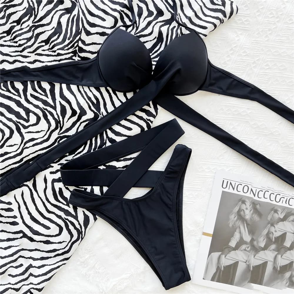 Maillot de bain brésilien noir, taille haute, soutien-gorge push up, col licou, string, bandage croi