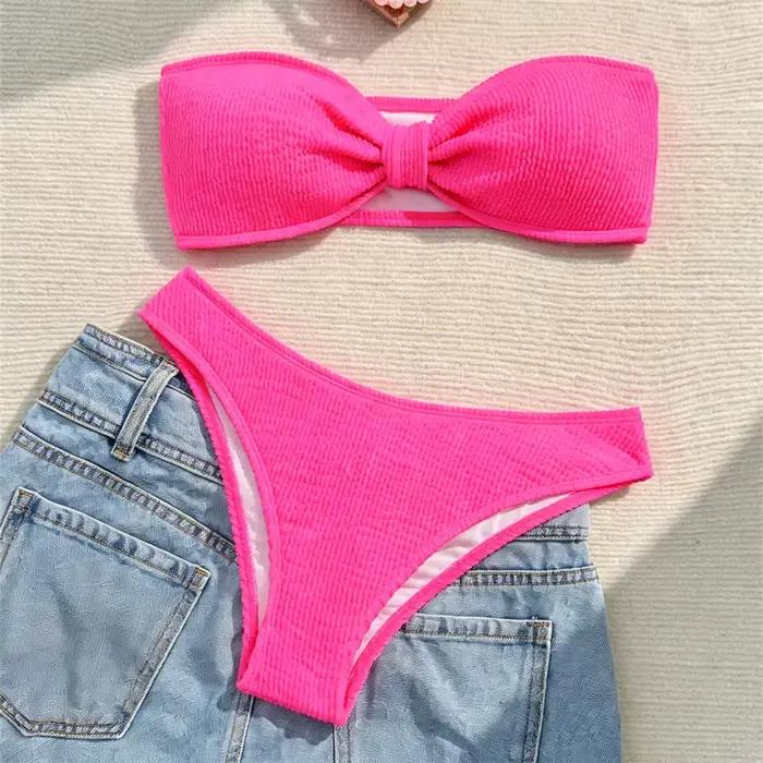 Sexy Rose Rouge Bikini Bandeau Maillot De Bain Y2K Côtes Vacances Maillots De Bain Dos Nu Bretelles