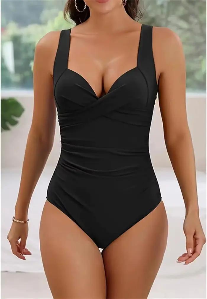 Maillot de bain une pièce conservateur pour femme, couvrant le ventre, couleur unie, décolleté en V