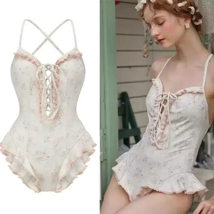 Nouveau Sexy Lolita fleur une pièce maillot de bain femmes maillots de bain femmes à lacets à volant