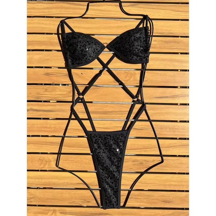 Maillot de bain une pièce micro string à paillettes brillantes pour femme, dos croisé, coupe haute à