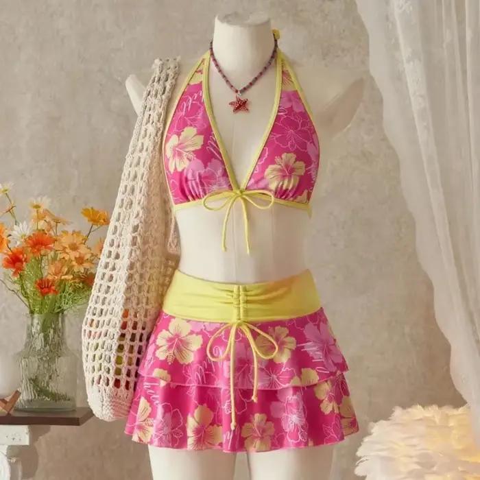 Maillot de bain trois pièces pour femmes, élégant, motif Floral, bloc de couleurs, Triangle, col lic