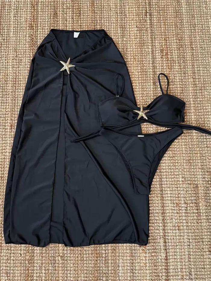 Maillot de bain bikini étoile en métal pour femme, ensemble trois pièces avec jupe, maillot de bain