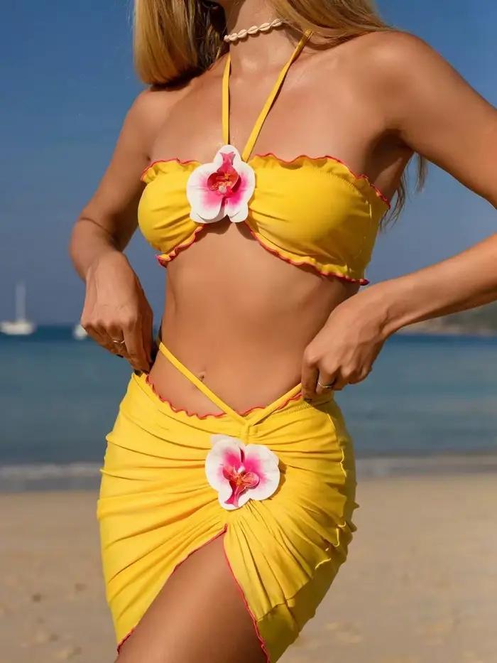 Cou Bikini avec jupe 3D fleurs licou Bikini femme maillot de bain femmes maillots de bain 3 pièces B