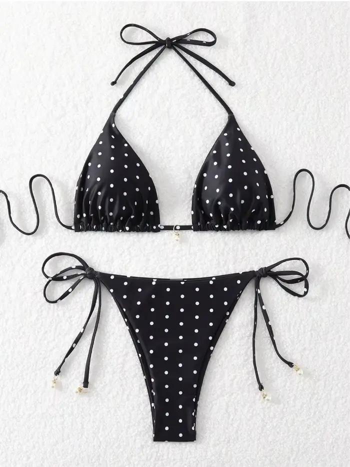 Nouveau Maillot de Bain 2 Pièces à Pois 2026 pour Femme – Ensemble Bikini Sexy Noir et Blanc Style A