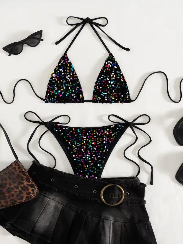 Micro bikini rose à paillettes brillantes 2026 pour femme, maillot de bain sexy push-up avec string