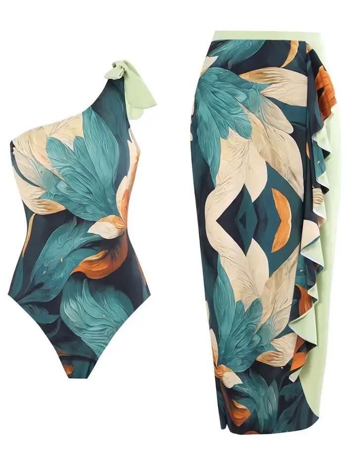 Maillot de bain asymétrique 2026 avec jupe longue, rembourré, sexy, pour femme, tenue de plage estiv