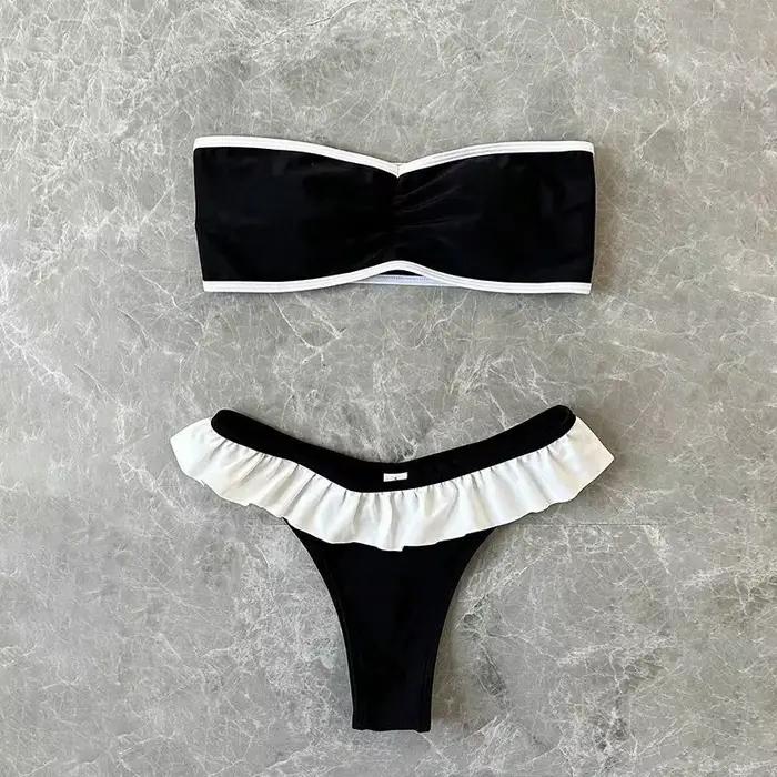 Maillot de bain deux pièces sans bretelles pour femme, chic, uni, patchwork, volants, string, micro