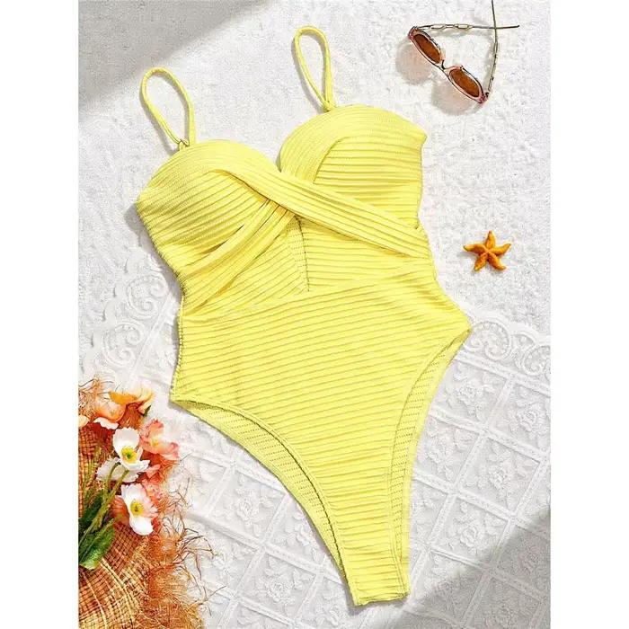 Maillot de bain une pièce jaune sexy côtelé à découpes, col en U, coupe haute, rembourré, pour femme
