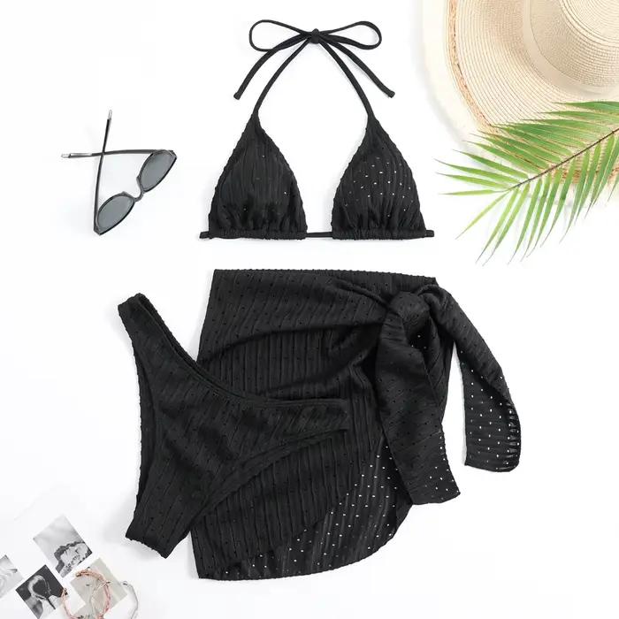 2025 été licou Bikini 3 pièces femmes matériel spécial Sexy string maillots de bain avec jupe Sarong