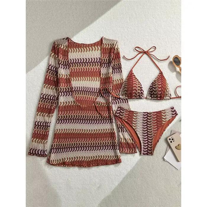 Maillot de bain marron à manches longues pour femmes, ensemble trois pièces, imprimé, M167