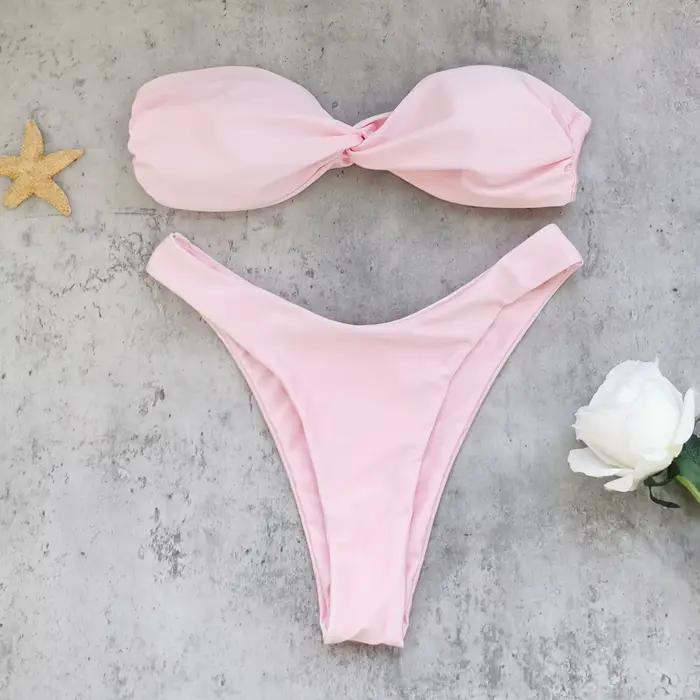 Mode rose Bow Bikini femmes maillot de bain Sexy taille basse épaules nues Biquini dame maillot de b