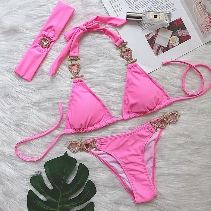 Rose Sexy Bikinis maillot de bain avec coeur strass femmes maillots de bain femme Push Up Bikini pla
