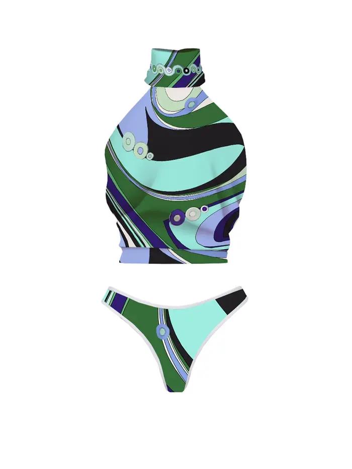 Nouveau Maillot de Bain Deux Pièces Tendance pour Femme 2026 - Design Vert et Bleu Audacieux avec Mo