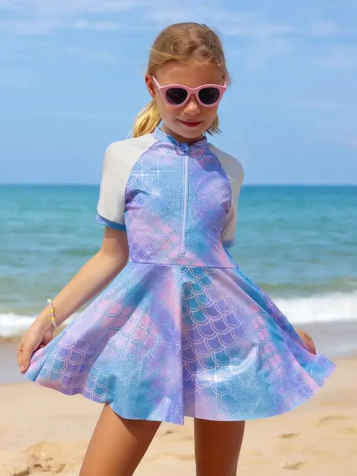 Maillot de bain deux pièces femme 2026 Nouveau imprimé sirène Robe à manches courtes Maillot de bain