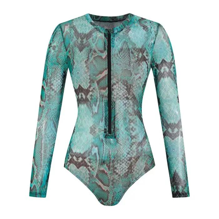 Maillot de bain une pièce à manches longues imprimé serpent turquoise, fermeture éclair sur le devan