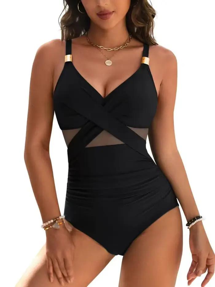 Maillot de bain une pièce sexy en maille grande taille pour femmes, maillot de bain patchwork, vêtem