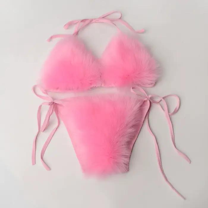 Maillot de bain deux pièces en fausse fourrure de renard pour femmes, soutien-gorge solide, sous-vêt