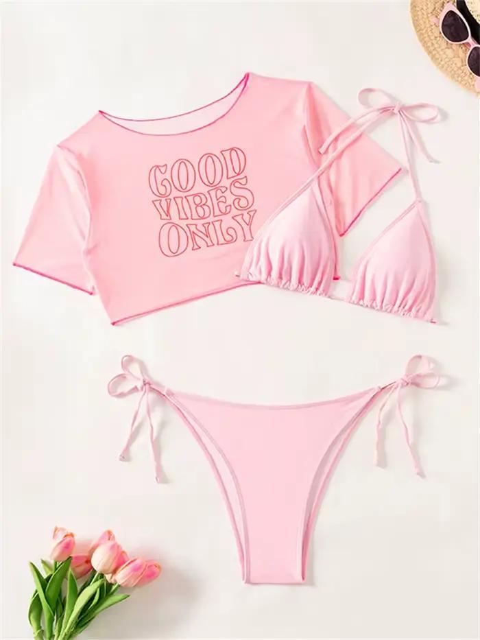 Maillot de bain bikini femme 2026 Nouveau ensemble rose sexy à bretelles avec manches courtes et let